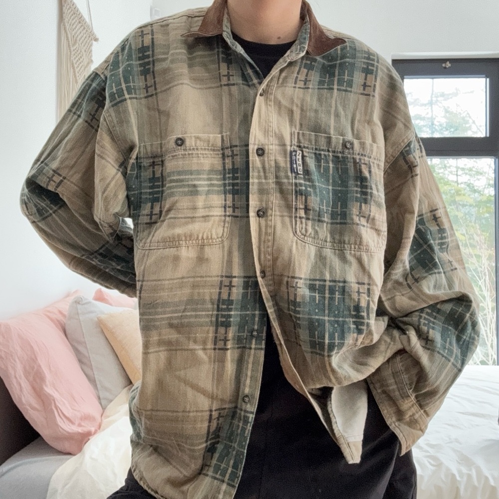 POINT ZERO WORKWEAR VINTAGE PLAID BUTTON DOWN TAN AND TEAL - M